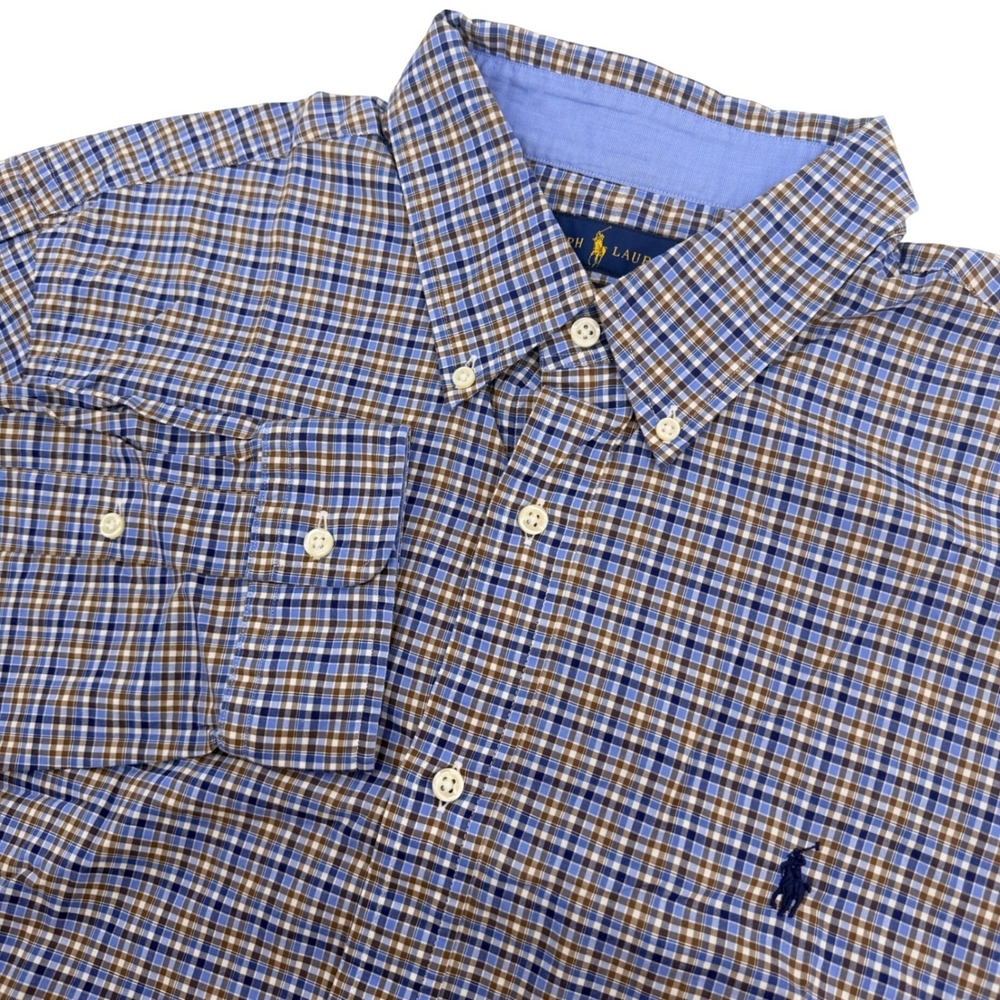 Ralph Lauren Shirt Mens XL Blue Brown Plaid Long Sleeve Cotton Stretch Preppy